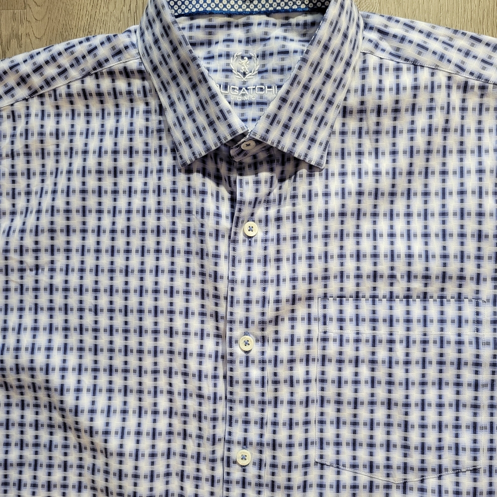 Bugatchi Uomo White And Blue Patterned Button Dow… - image 2